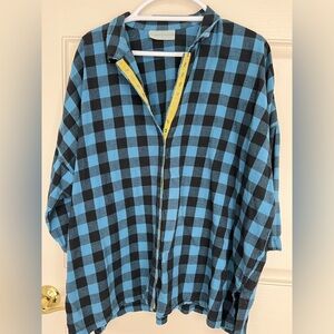 Eleven Stitch Design Blue and Black Checkered Plaid Snap Lagenlook Top